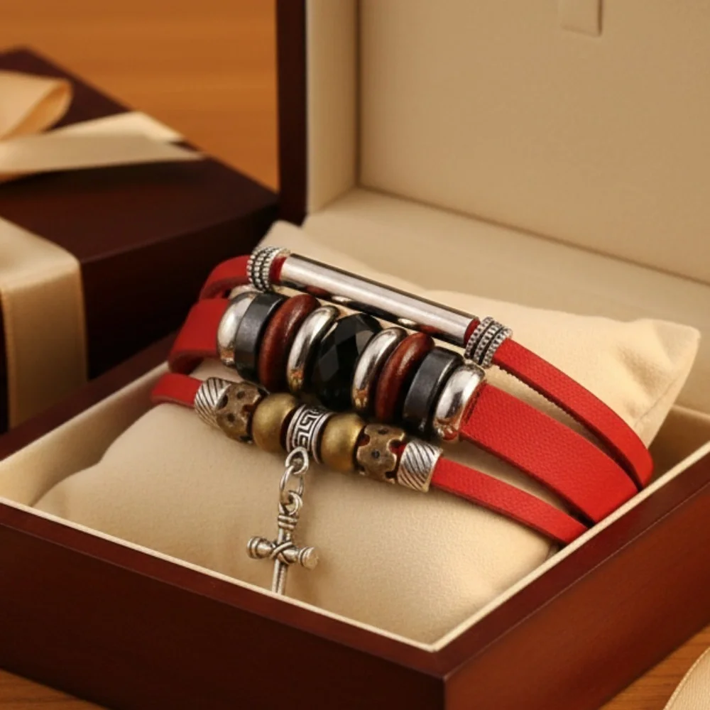 Mens Leather 3‎ Strand Magnetic Bracelet Wrist Wrap